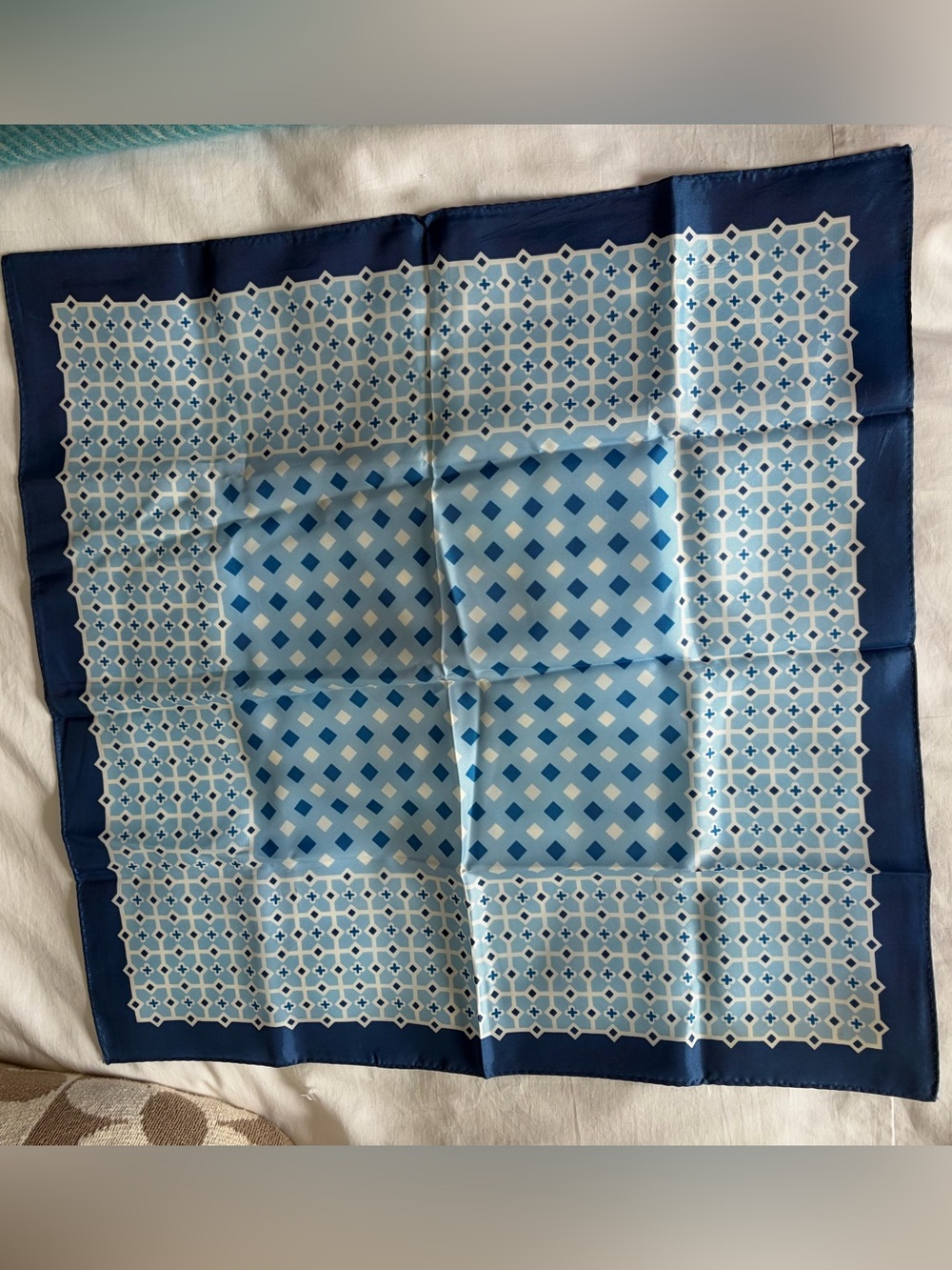Blue & White Patterned Silk Scarf 22x23inches